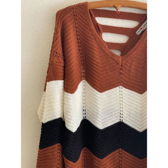 Vintage Y2K Size 3X Knit V-Neck Back Sweater Brown, Black Cream Long Sleeve Plus - Picture 2 of 9